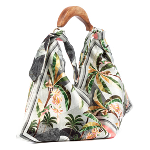 Bereguardo Bolso de hombro Mujer. Fabricado en tejido suave estampado con tintes naturales con asa de madera.