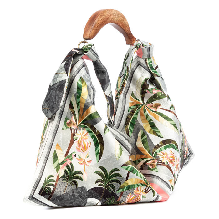 Bereguardo Bolso de hombro Mujer. Fabricado en tejido suave estampado con tintes naturales con asa de madera.