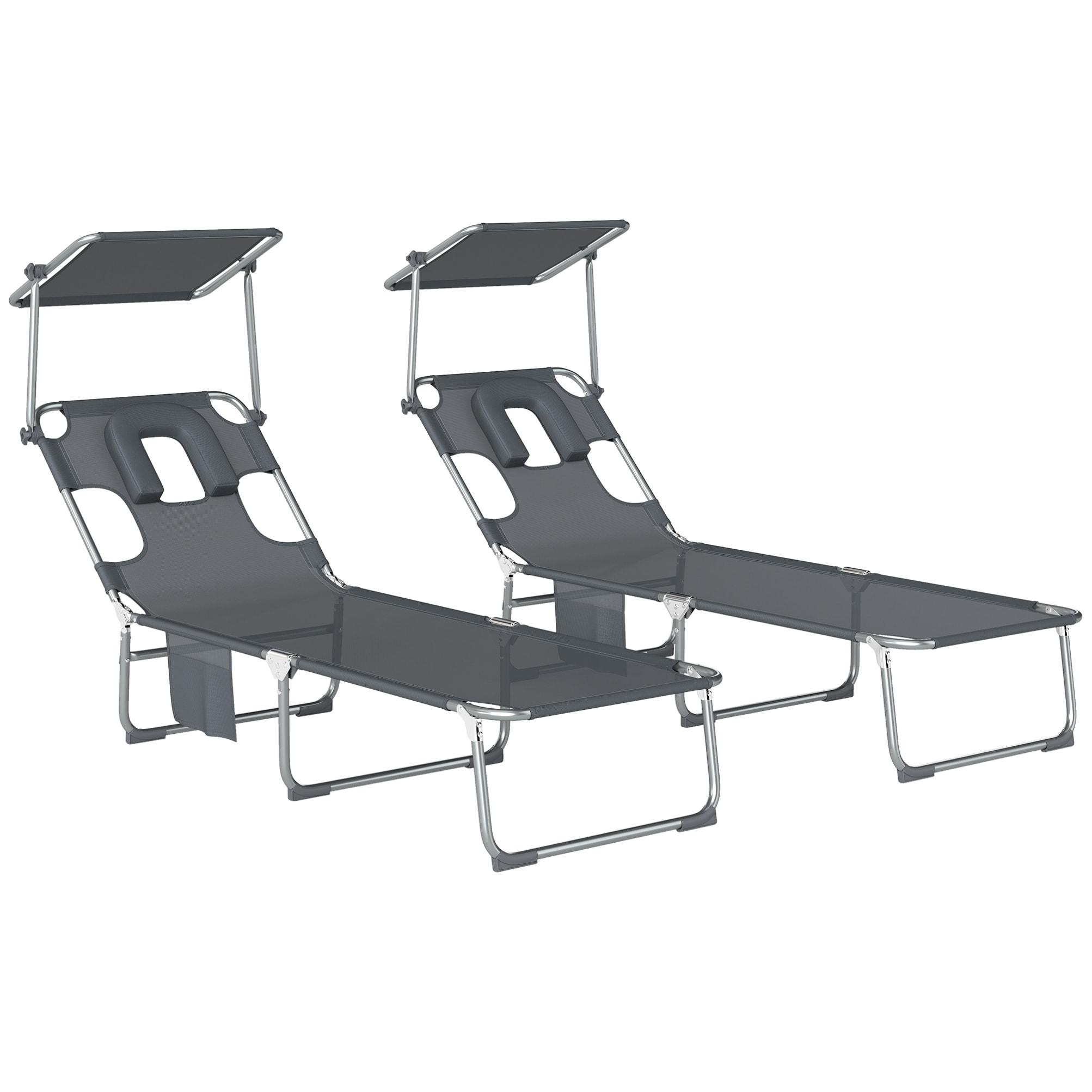 Set de 2 Tumbonas Jardín Exterior, Tumbonas Plegables con Reposacabezas, Dosel 360°, Orificio Facial, Bolsillo Lateral, Respaldo Reclinable 5 Posiciones y Textilene 550 g/m² para Playa, Gris