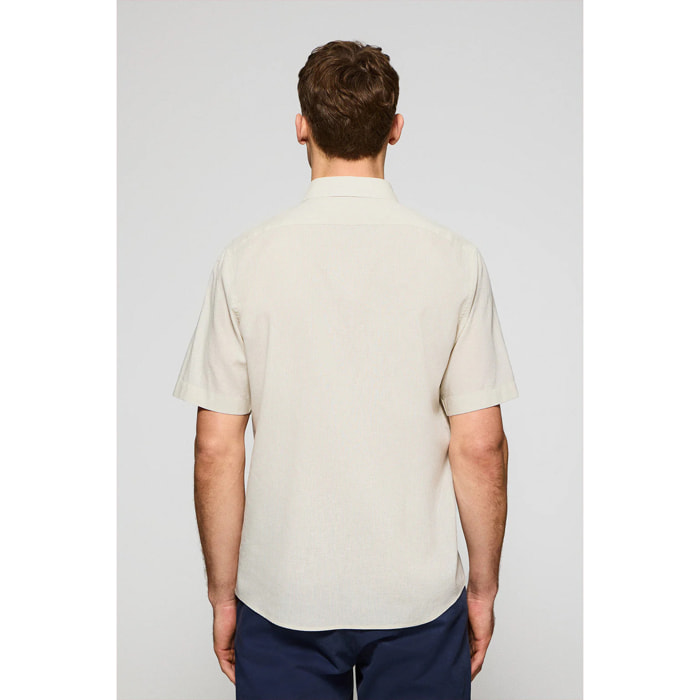 Camisa beige de manga corta de lino y algodón con bordado Rigby Go