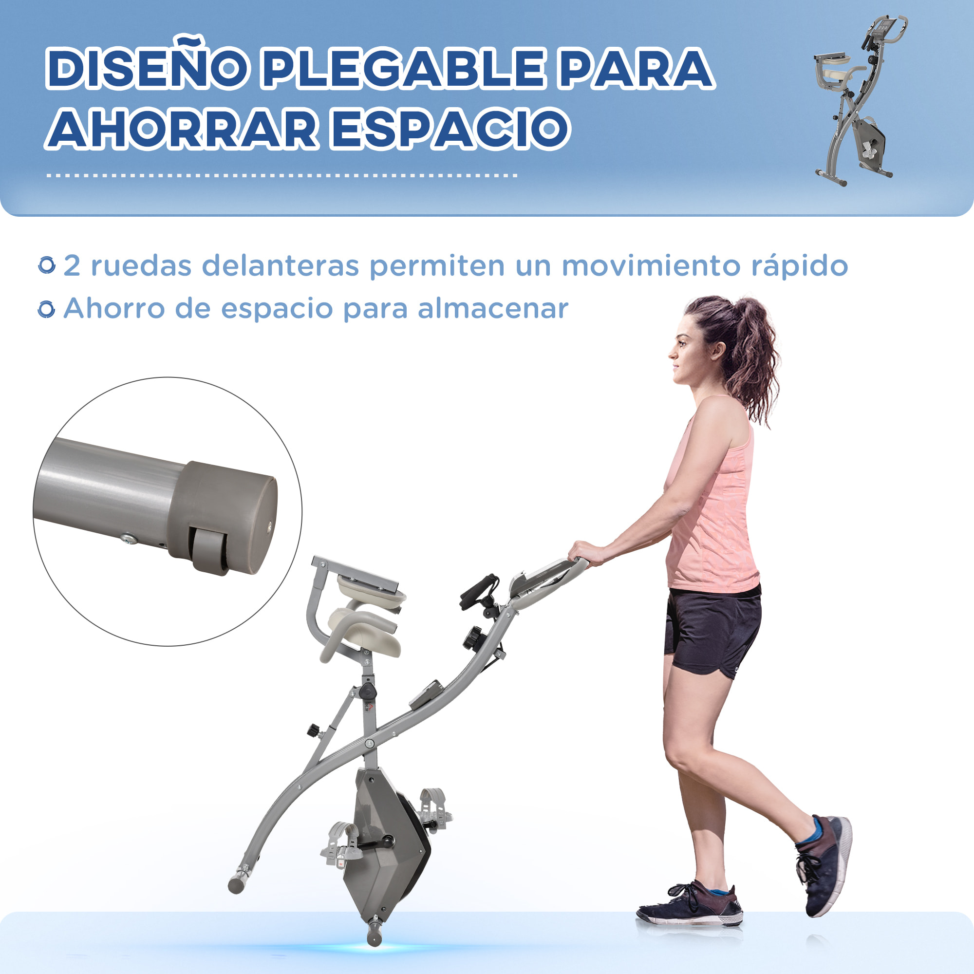Bicicleta Estática Plegable 3 en 1 con Respaldo y 8 Niveles Resistencia Magnética, Bicicleta Estática para Casa Ajustable con Monitor LCD Volante Banda Sensor de Pulso Soporte de Teléfono Gris