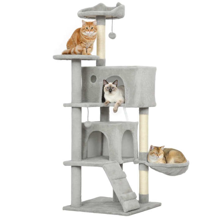 Árbol Rascador para Gatos, Árbol para Gatos 140 cm, Torre Escalador con Múltiples Plataformas, Cama, 2 Cuevas, Hamaca, Escalera, Postes de Sisal, Bolas para Jugar, Gris Claro