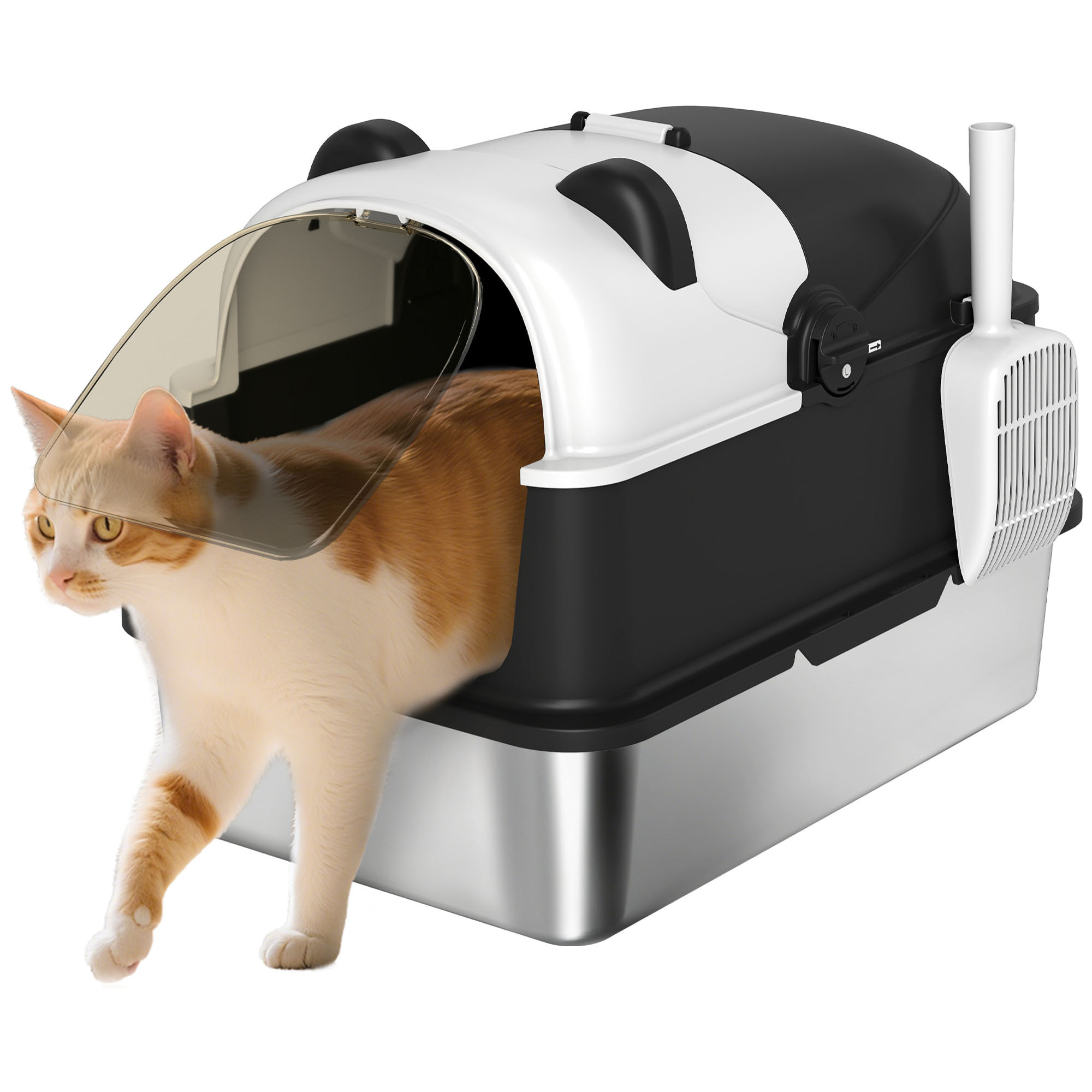 Arenero para Gatos Cubierto XL de Acero Inoxidable, Caja de Arena para Gatos Grandes con Tapa Abatible, Pala, Bolsa Desodorante, Diseño de Panda, Fácil de Limpiar, Antifugas, Sin Olor, Negro