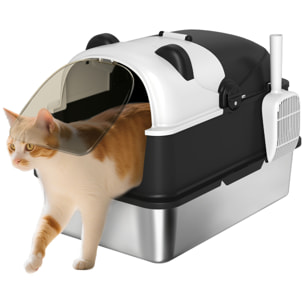 Arenero para Gatos Cubierto XL de Acero Inoxidable, Caja de Arena para Gatos Grandes con Tapa Abatible, Pala, Bolsa Desodorante, Diseño de Panda, Fácil de Limpiar, Antifugas, Sin Olor, Negro