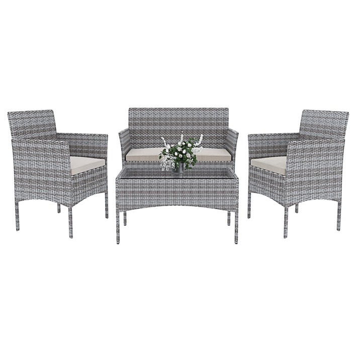 Set Di Mobili da Giardino Salotto Salottino in Rattan 4 Posti con Tavolino Ripiano In Vetro 2 Poltrone Divano 2 Posti Giardino Esterno Cuscini Grigio