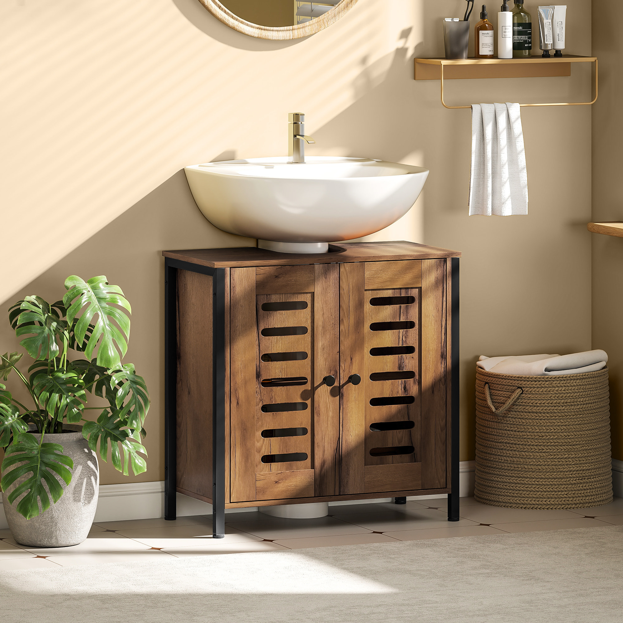 Mueble Bajo Lavabo, Mueble de Baño Industrial, 2 Puertas de Lamas con Cierre Magnético, Estante Ajustable, para Lavabos sin Pedestal, 60x30x60 cm, Marrón Rústico