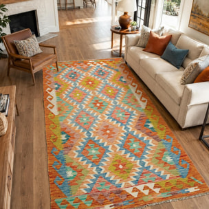 Tapis kilim, motif géométrique authentique, tissé plat, TABIL