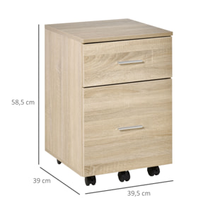 Cajonera de Escritorio con 2 Cajones, Cajonera de Oficina con Ruedas, Archivador Móvil, para Archivos A4 o Cartas, para Estudio, Salón, 39,5x39x58,5 cm, Roble
