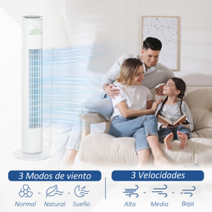 Ventilador de Torre con Mando a Distancia o Control Mecánico Temporizador de hasta 10h Oscilación de 70° 3 Velocidades y 3 Modos 45W Ø22x77 cm Blanco