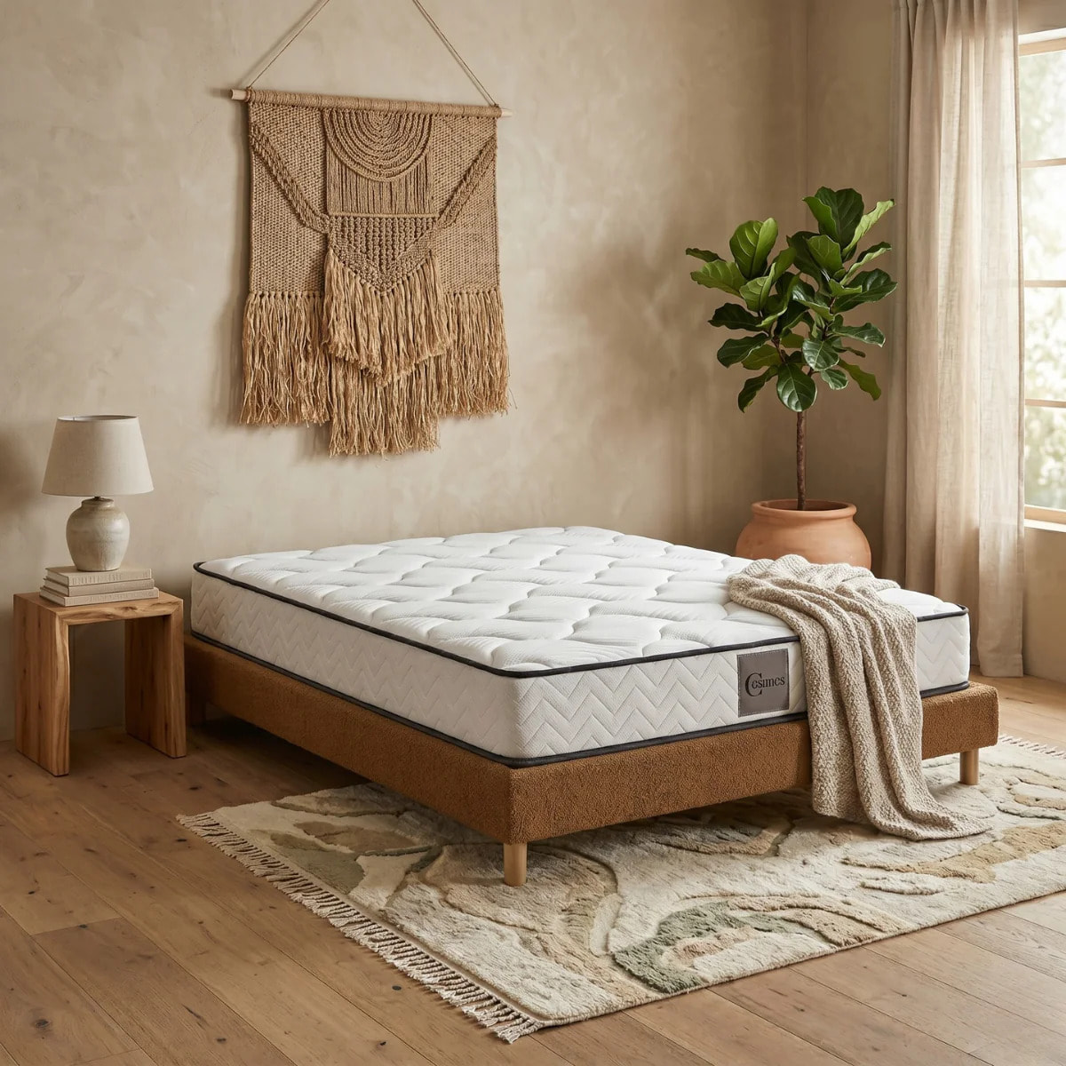 Ensemble matelas Univers & sommier Cancun | Mémoire de forme et ressorts ensachés | Cadre à lattes | Bouclette | Camel