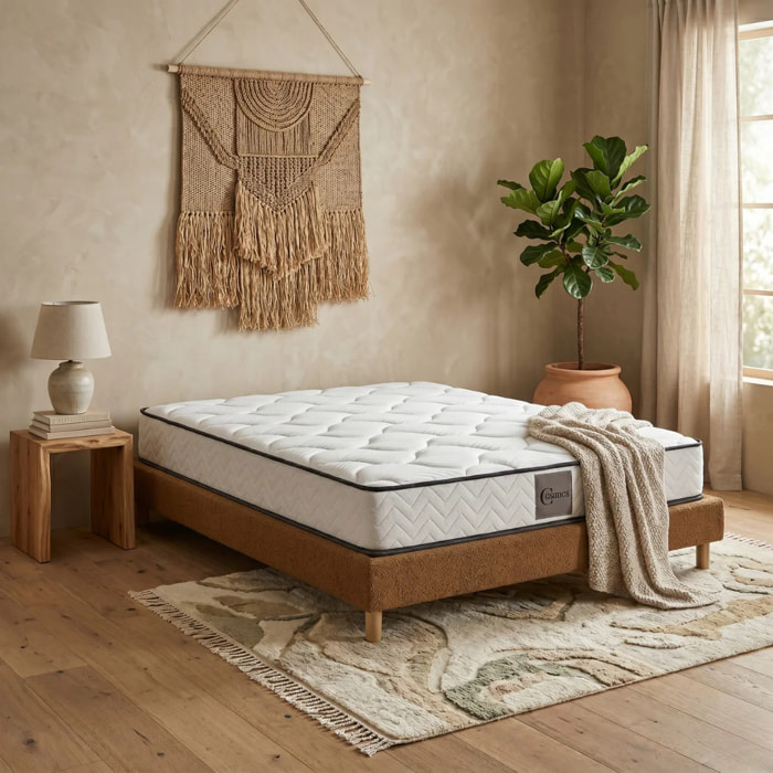 Ensemble matelas Univers & sommier Cancun | Mémoire de forme et ressorts ensachés | Cadre à lattes | Bouclette | Camel