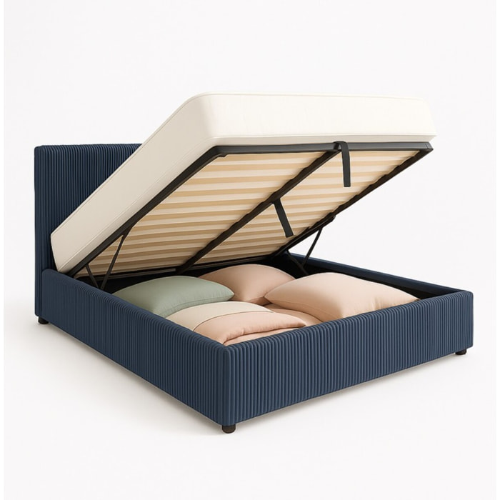 Lit coffre Colisée avec tête de lit | Robuste et confortable | Montage simple rapide | Velours Côtelé | Bleu nuit
