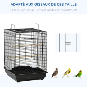 Cage à oiseaux 2 mangeoires 2 perchoirs toit ouvrant plateau excrément amovible poignée transport métal PS noir