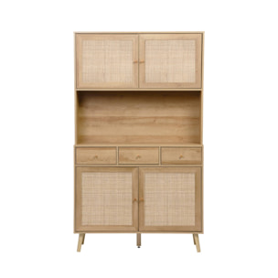 Buffet décor bois et cannage 4 portes 3 tiroirs 110 cm BOHÈME