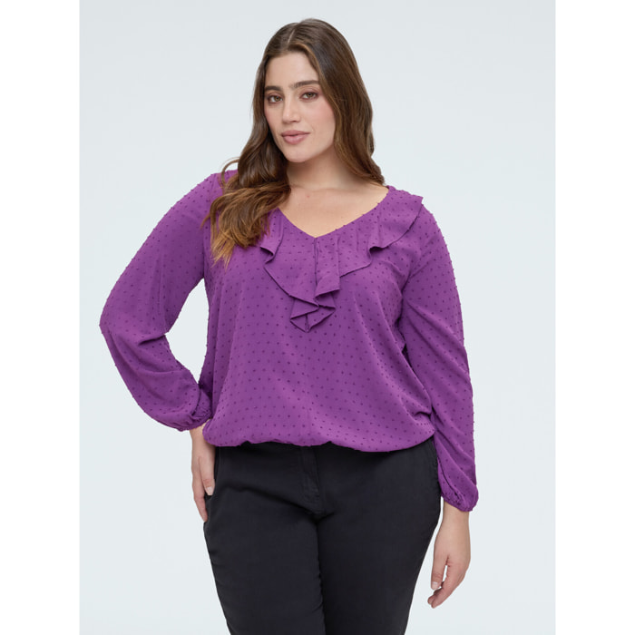 Fiorella Rubino - Blusa de plumetis de lunares con volante - Violeta