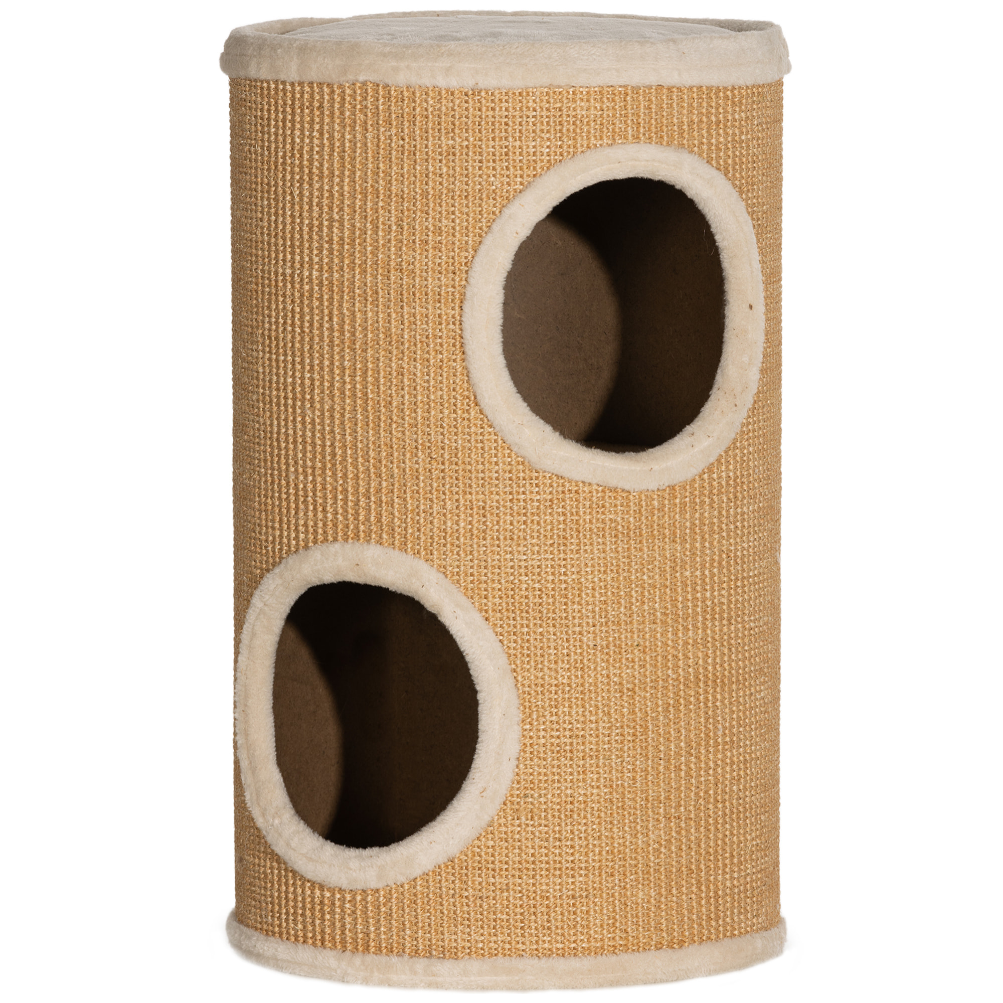Arbre à chat cylindrique - tour à griffer pour chat - tonneau griffoir - 2 niches + plateforme - sisal peluche beige