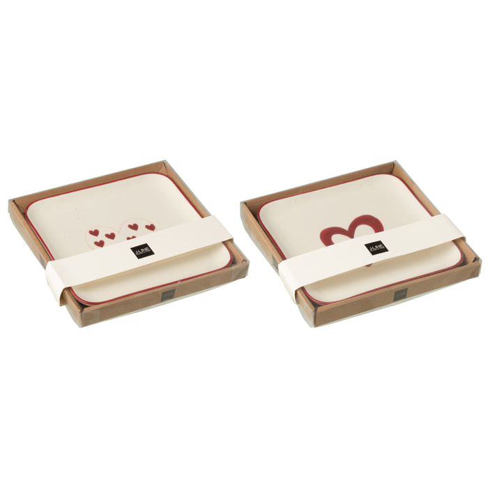 J-Line assiette Cœurs - porcelaine - blanc/rouge - 2 pièces