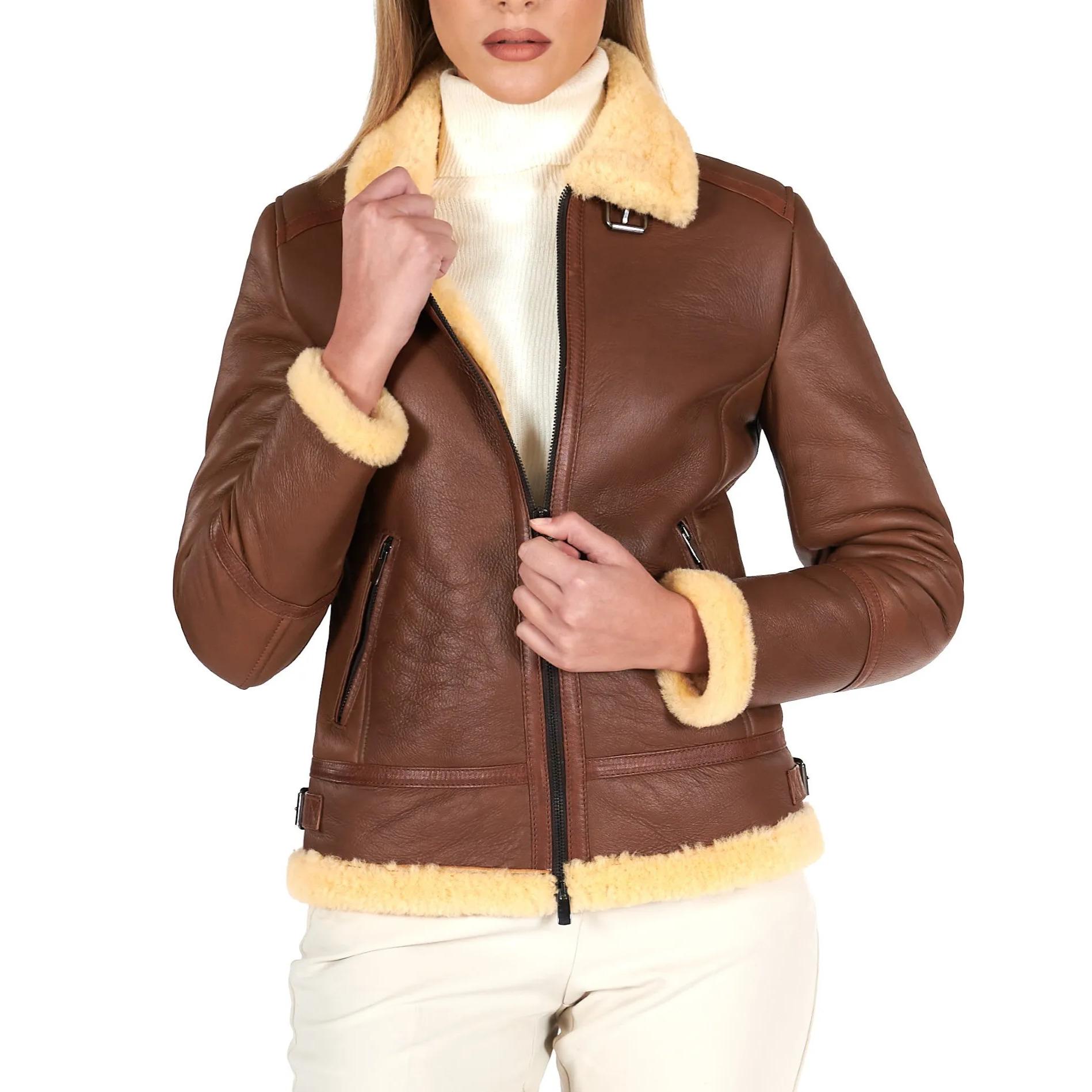 Montone shearling cuoio con fibbie e cerniera centrale