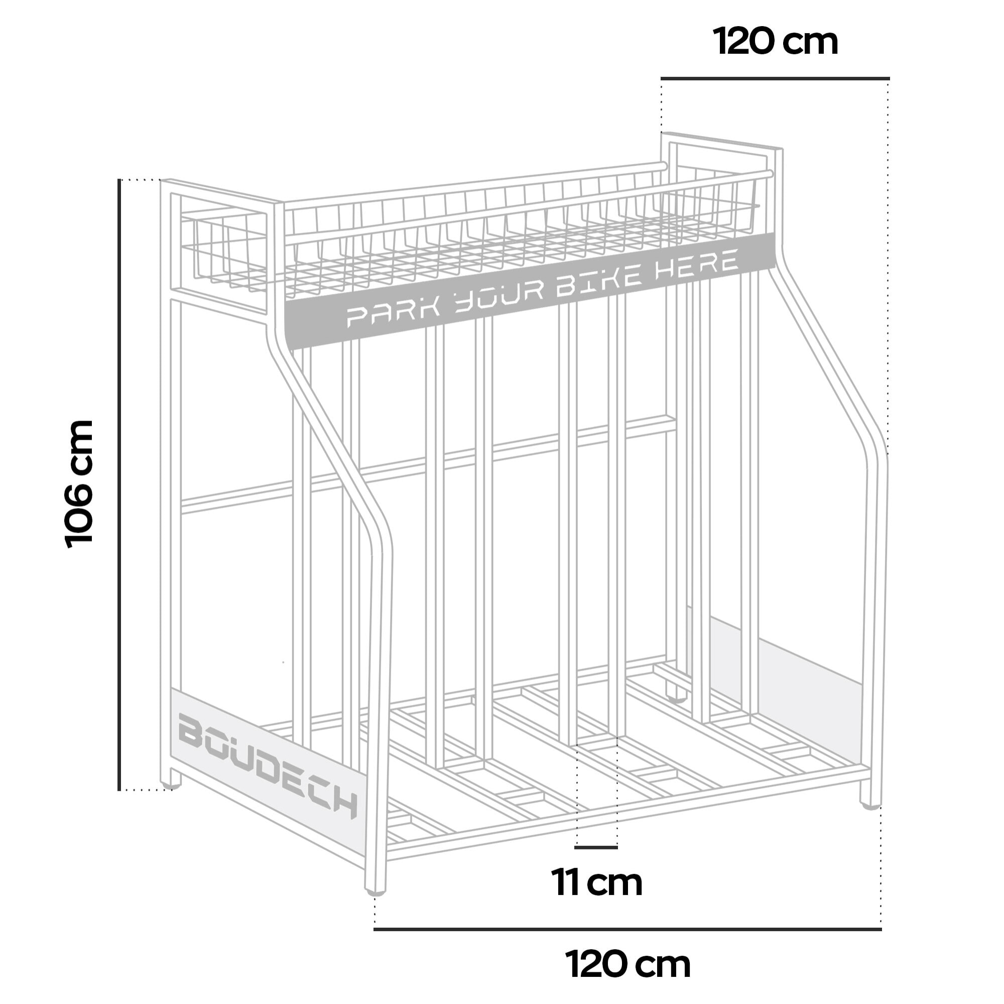 Parkade - Rastrelliera Portabici 4 Posti a Pavimento da Garage con Cesta Portaoggetti e 4 Ganci in Metallo Nero