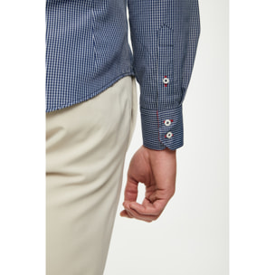 Camicia Uomo 2 Bottoni Button Down 7 Bottoni Slim Cotone Poliestere Riga Stretta Blu\Bianco