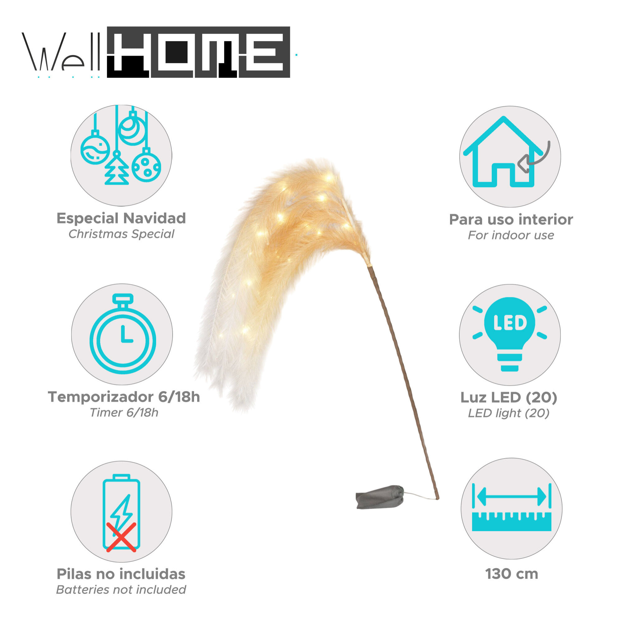 guirnalda de luces de rama con plumas de 130 cm y temporizador de 6/18 horas
