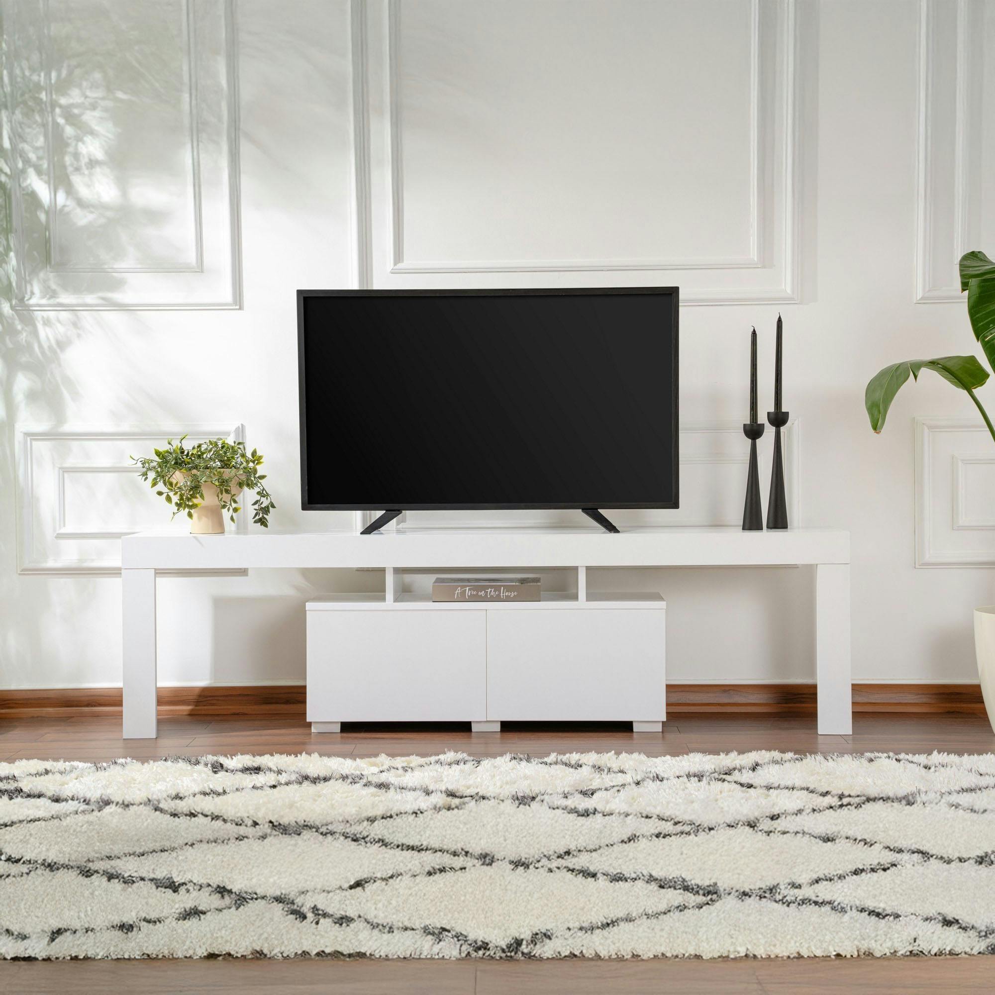 Banc TV moderne blanc avec rangement - effet laque MARFA