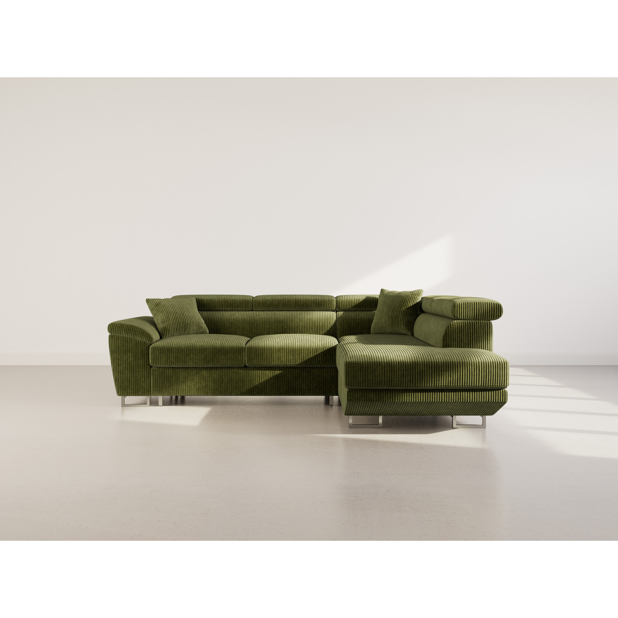 Baoji - Canapé d'angle droit 5 places convertible avec têtières et coffre en velours côtelé - Vert