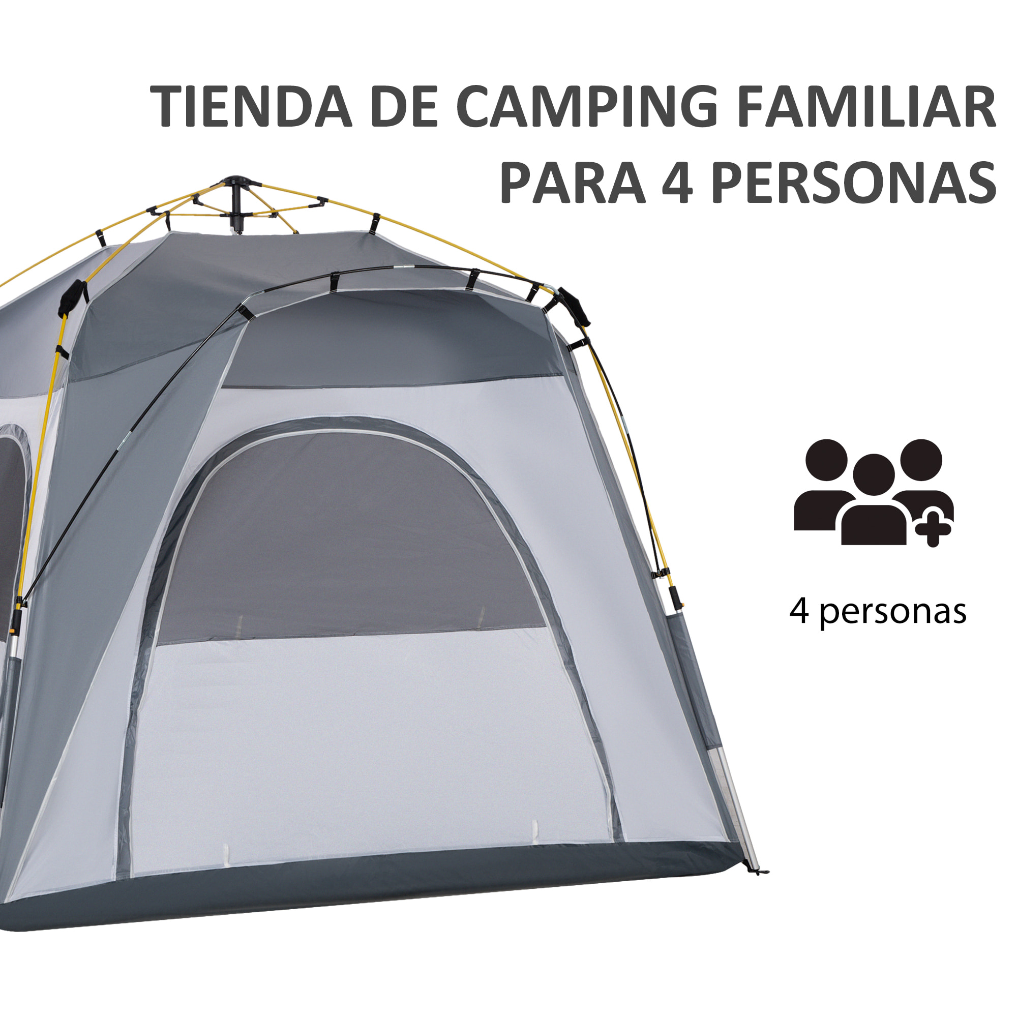 Tienda de Campaña Instantánea para 4 Personas Tienda de Camping con 4 Ventanas 2 Bolsillos y Bolsa de Transporte 240x240x199 cm Gris y Blanco