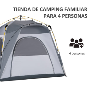 Tienda de Campaña Instantánea para 4 Personas Tienda de Camping con 4 Ventanas 2 Bolsillos y Bolsa de Transporte 240x240x199 cm Gris y Blanco