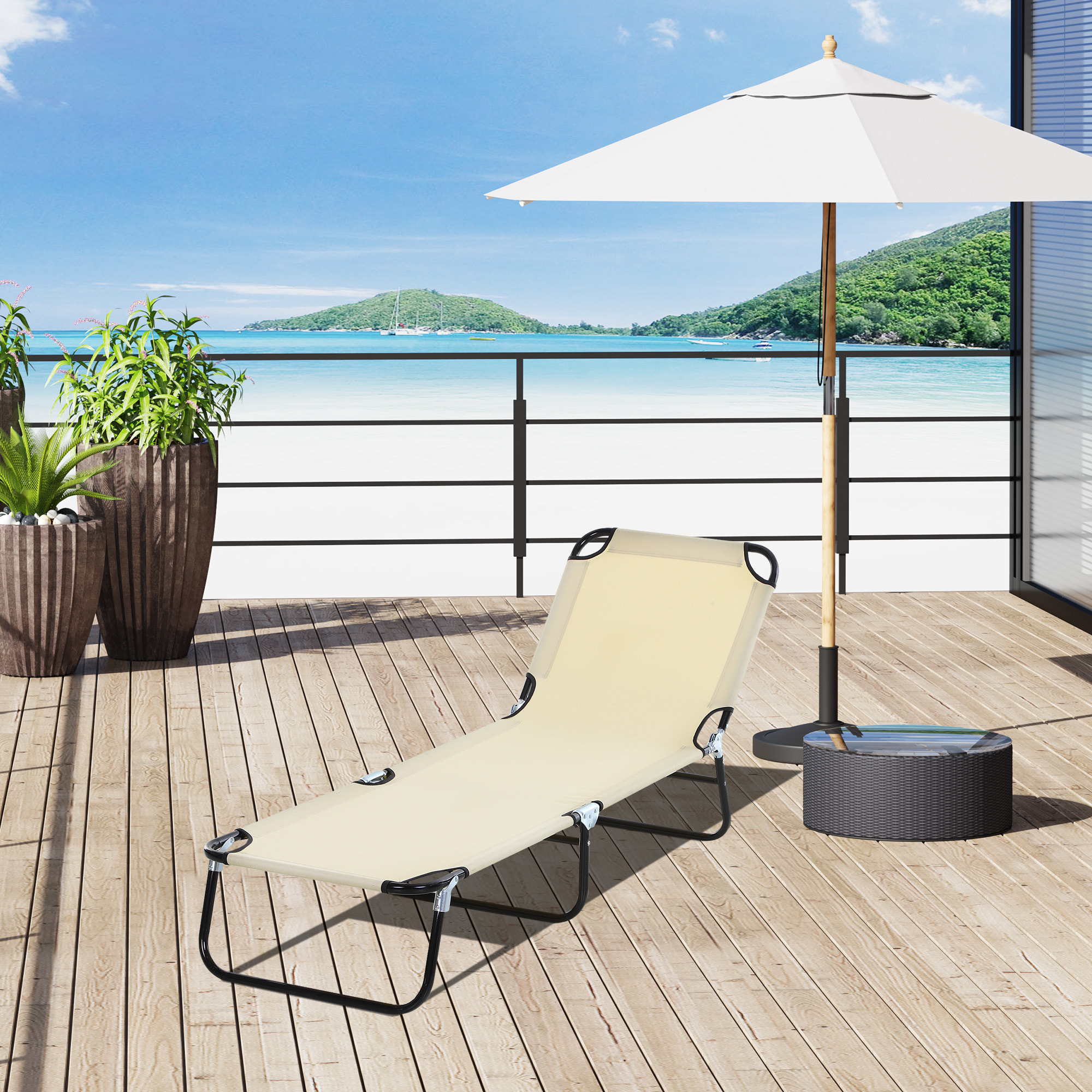 Tumbona Plegable Reclinable con Ángulo Ajustable de 5 Posiciones para Jardín Exterior Piscina Terraza Camping Carga 120 kg 188x56x28 cm Beige