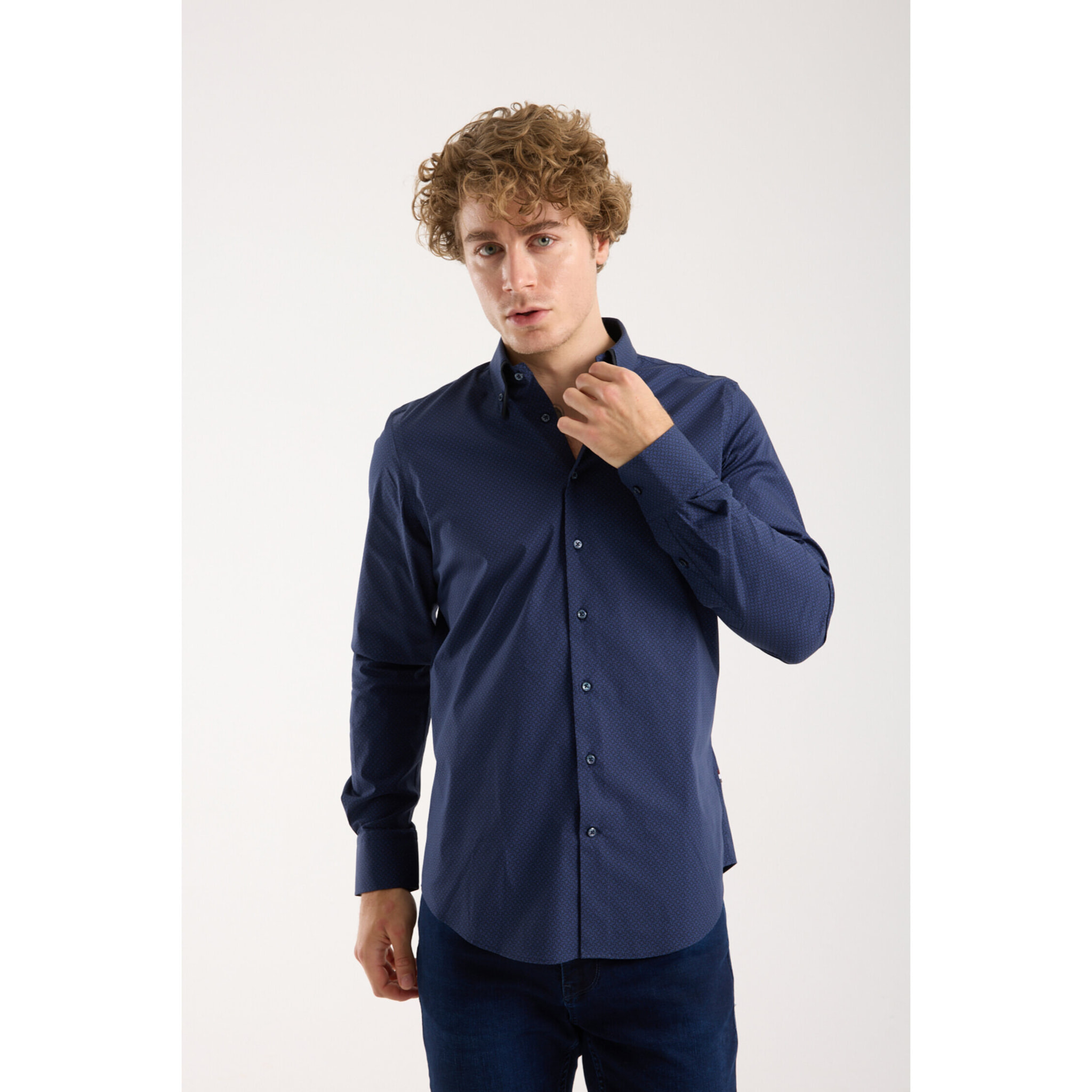 Camicia Uomo 2 Bottoni Button Down Doppio Coll Popeline Stretch Stampato Nero e Blu Scuro