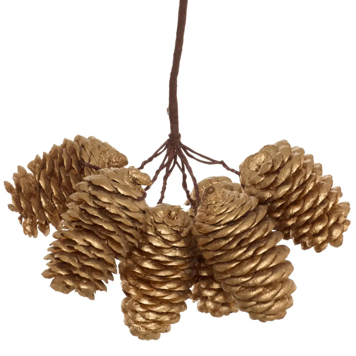 Suspension de sapin branche longue pomme de pin dorée 13 cm