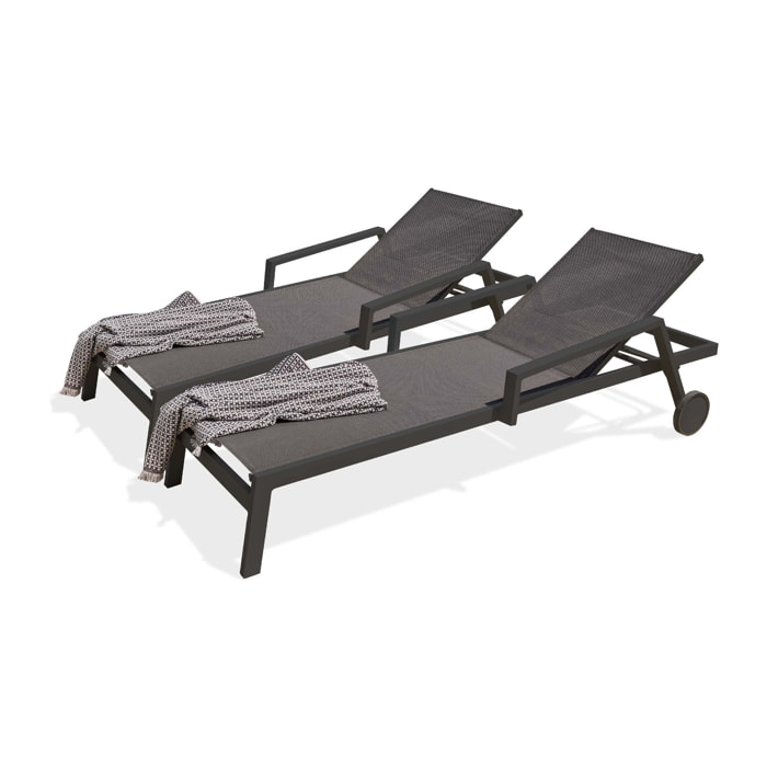 IBIZA - Lot de 2 bains de soleil en aluminium et toile plastifiée anthracite