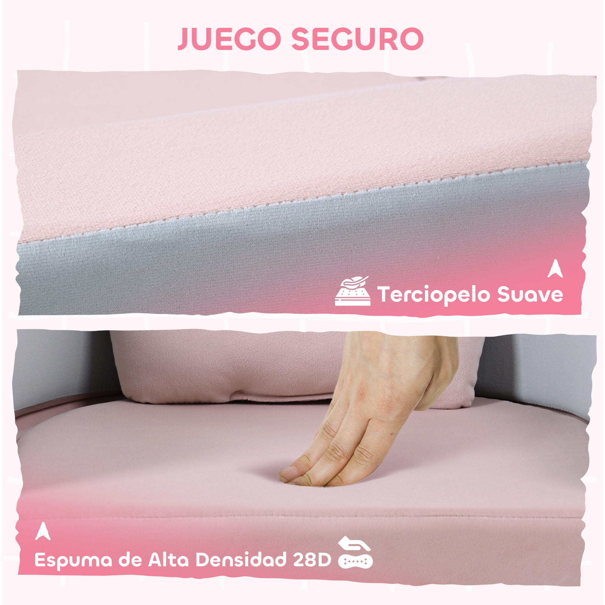 Sofá Infantil Convertible, Sofá para Niños con Cojín de Corona, Plegable en Cama y Zona de Juego, Tapizado de Terciopelo Suave, para Niños 18-36 Meses, Rosa y Azul Grisáceo