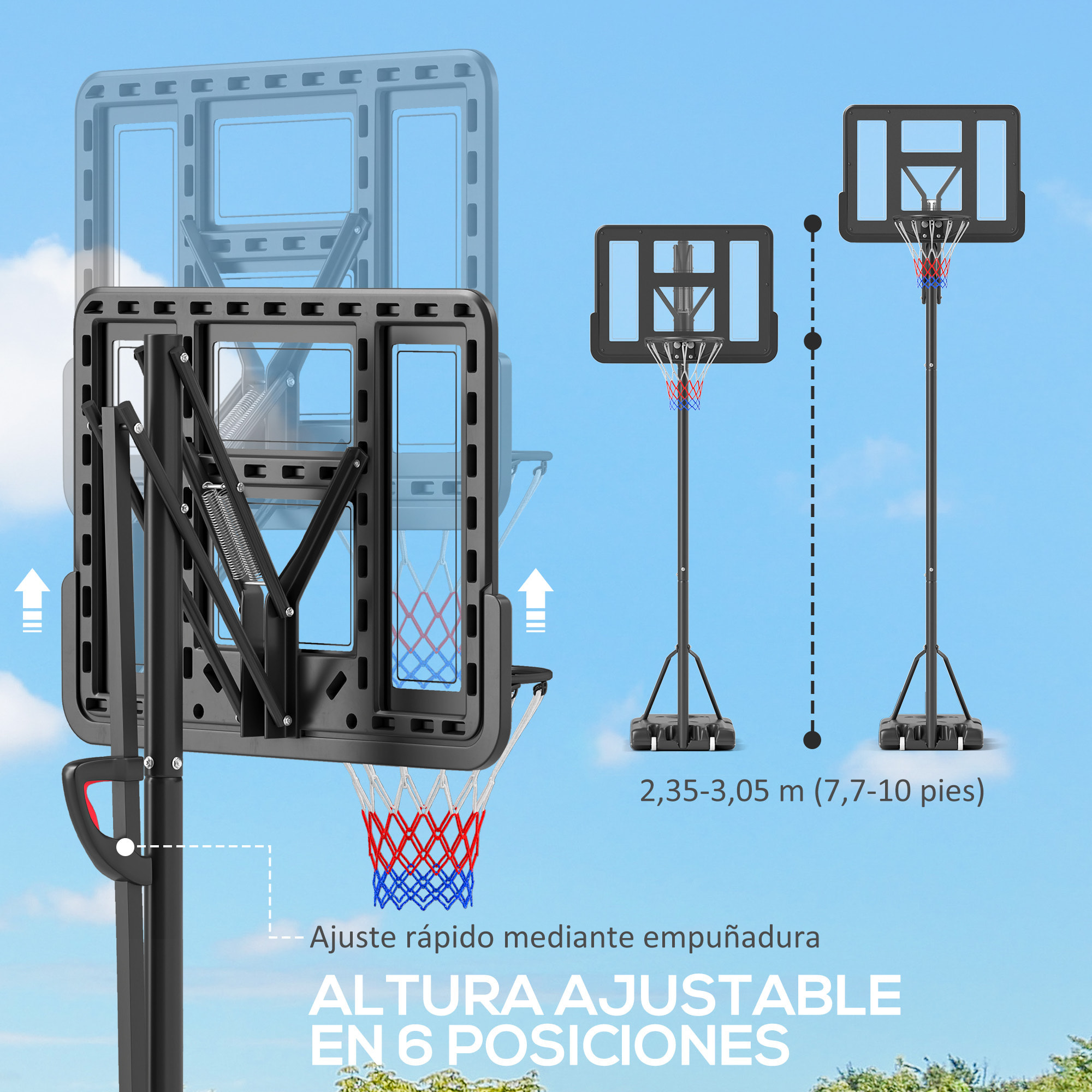 Canasta de Baloncesto de Exterior con Altura Ajustable 235-305 cm Aro de Baloncesto con Soporte Canasta de Baloncesto con Ruedas Base Rellenable Bolsa de Peso Negro