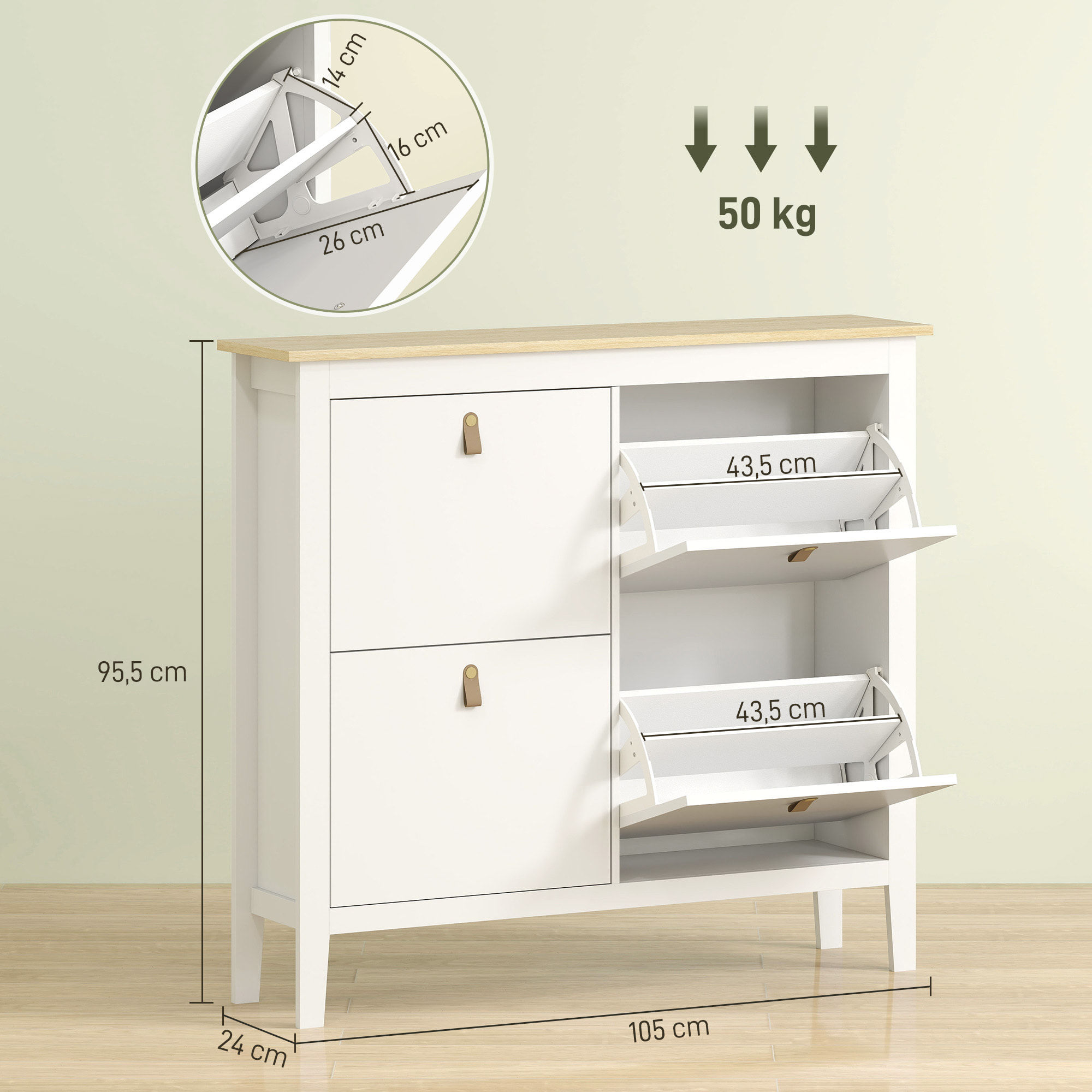 Mueble Zapatero Estrecho Zapatero Entrada Recibidor con 4 Cajones Abatibles Estantes Ajustables y Tiradores de PU para 20 Pares de Zapatos para Pasillo 105x24x95,5 cm Blanco