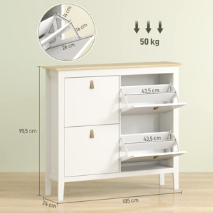 Mueble Zapatero Estrecho Zapatero Entrada Recibidor con 4 Cajones Abatibles Estantes Ajustables y Tiradores de PU para 20 Pares de Zapatos para Pasillo 105x24x95,5 cm Blanco