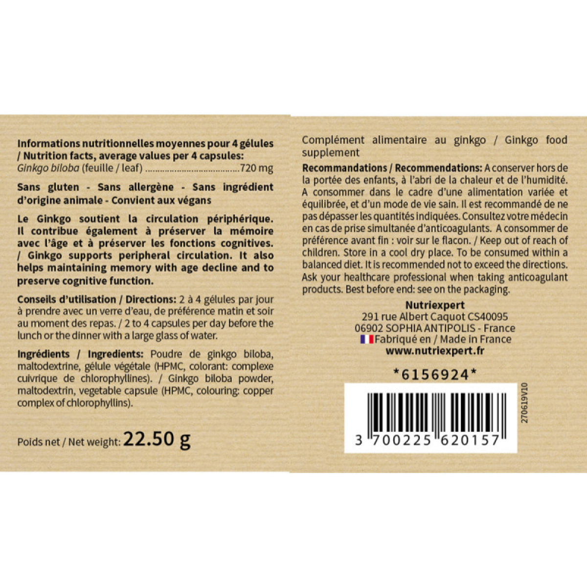 NUTRIEXPERT - Ginkgo Biloba - Préservation mémoire et fonctions cognitives - Soutient la circulation périphérique - Complément Alimentaire Végan - Cure 30 jours - Marque Française