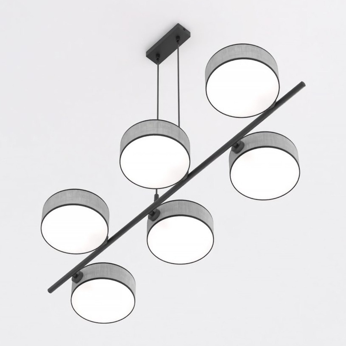 Lampada a sospensione DRUMZ 6 in acciaio nero e tessuto grigio