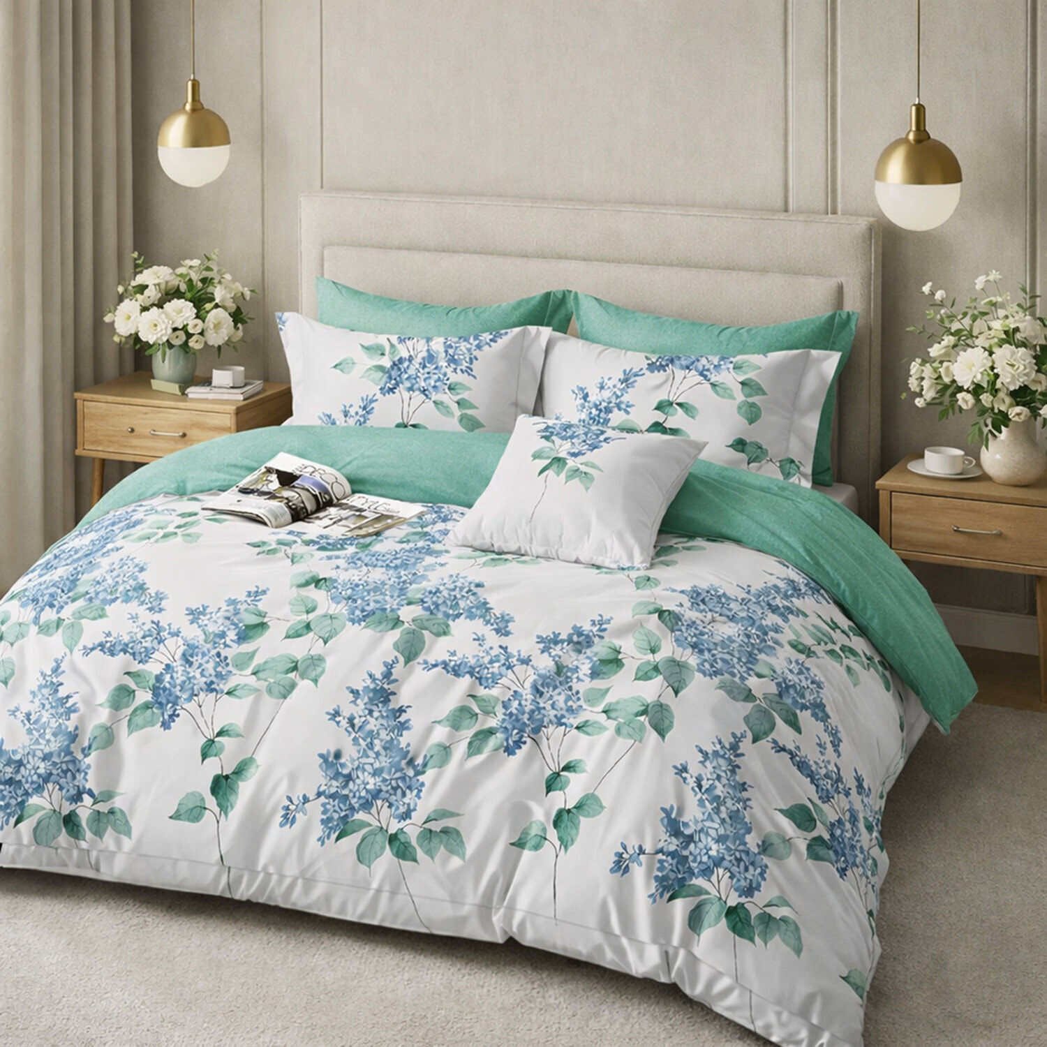 Parure housse de couette 100% percale de coton motif floral - blanc et vert