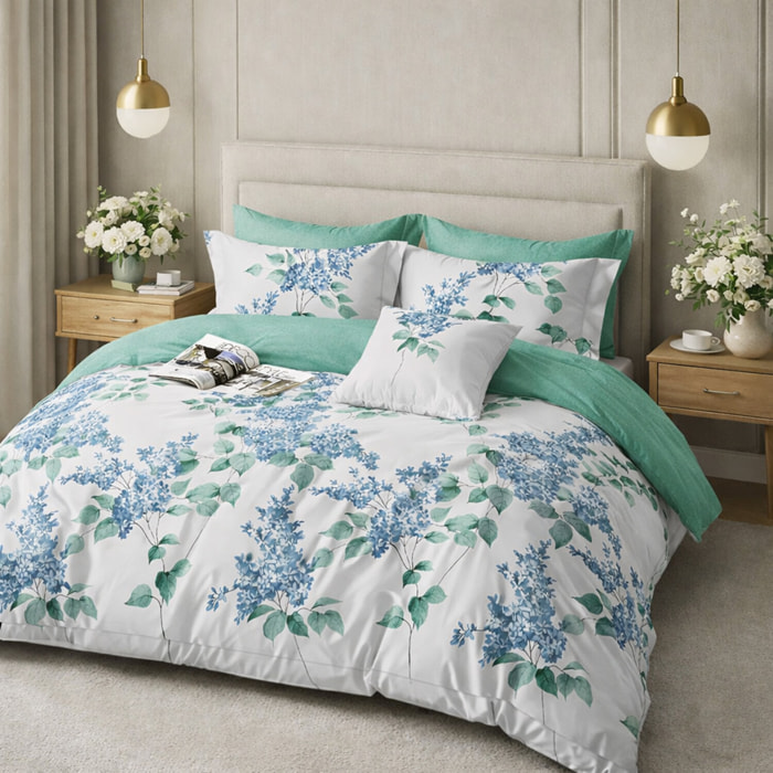 Parure housse de couette 100% percale de coton motif floral - blanc et vert