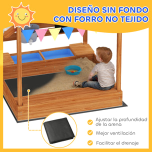 Arenero para Niños de Madera, Arenero Infantil en Forma de Casa con 2 Asientos, Toldo, 6 Banderines, 2 Bandejas Extraíbles, Grifo y Pizarra, para Patio, Jardín, 124x116x146 cm, Naranja