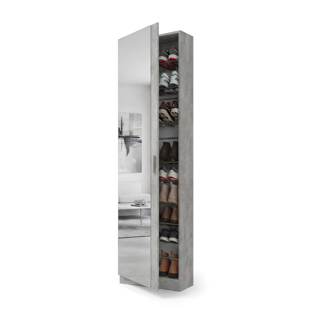 Zapatero alto de 1 puerta con espejo en gris cemento 180x50 cm Roma Gris cemento