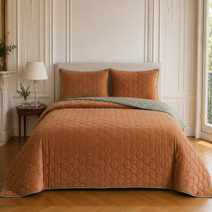 Couvre-lit matelassé réversible 100% polyester bicolore terracotta - NAZIM