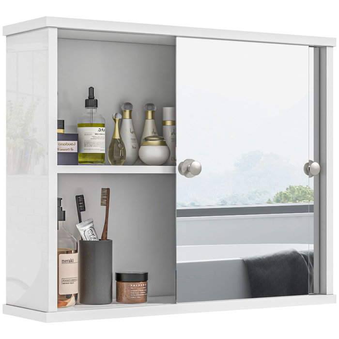 Armario con Espejo de Baño Mueble Colgante para Baño con Estante Ajustable y Puerta Corredera Doble para Dormitorio 55x15x45 cm Blanco Brillante