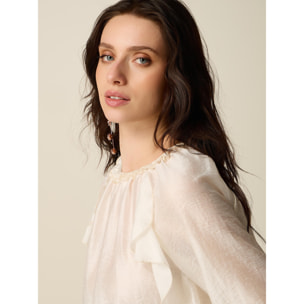 Oltre - Blusa in voile misto lino con volants - Bianco