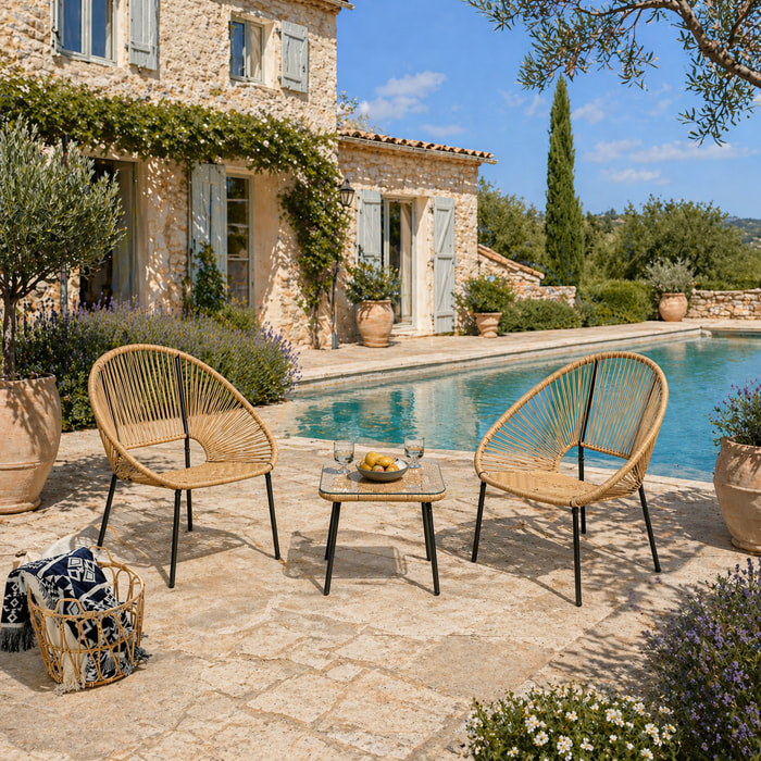 Salon de jardin 2 places avec table naturel LIO