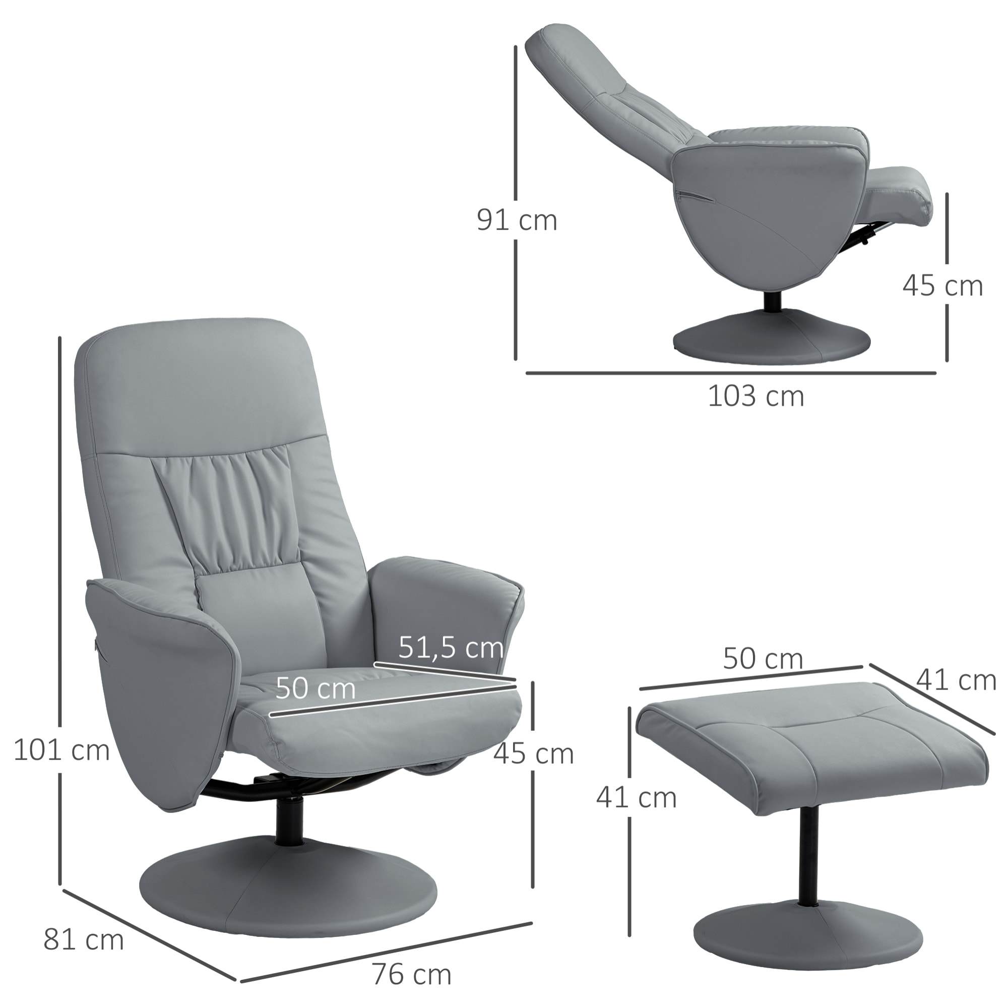 Fauteuil relax inclinable pivotant style contemporain avec repose-pied revêtement synthétique gris