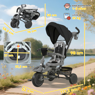 Triciclo Evolutivo 6 en 1, Triciclo para Bebés Plegable, 1-5 Años, Asiento Giratorio de 360°, Mango Parental, Respaldo Reclinable, Toldo, Cinturón de Seguridad, Cesta, Reposapiés, Negro