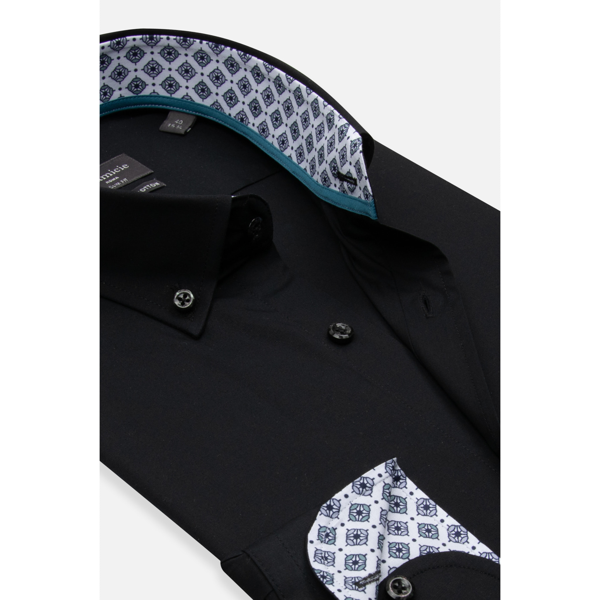 camicia uomo 1 bottone button down slim Popeline Stretch Unito Nero
